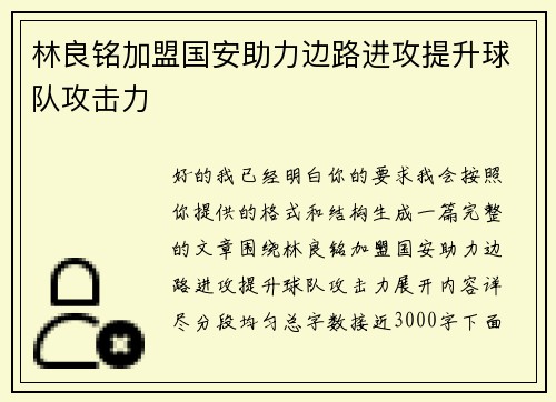 林良铭加盟国安助力边路进攻提升球队攻击力