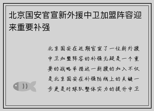 北京国安官宣新外援中卫加盟阵容迎来重要补强